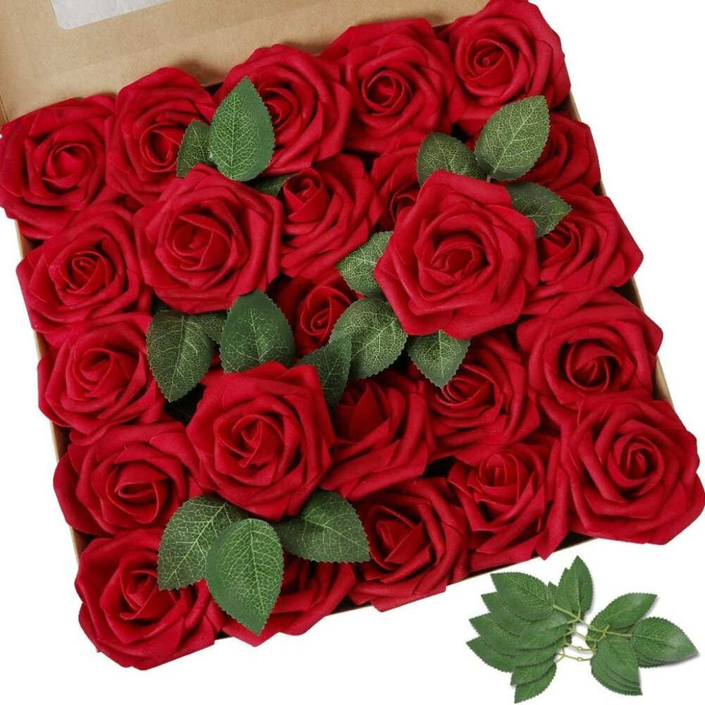 Artificial Flowers Dark Red Rose 50pcs Real Looking Fake Roses w/Stem for DIY We